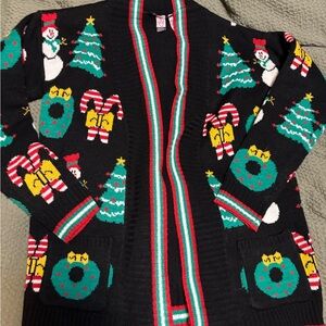Love on a Hanger Black Christmas Cardigan with Red and Green Accents